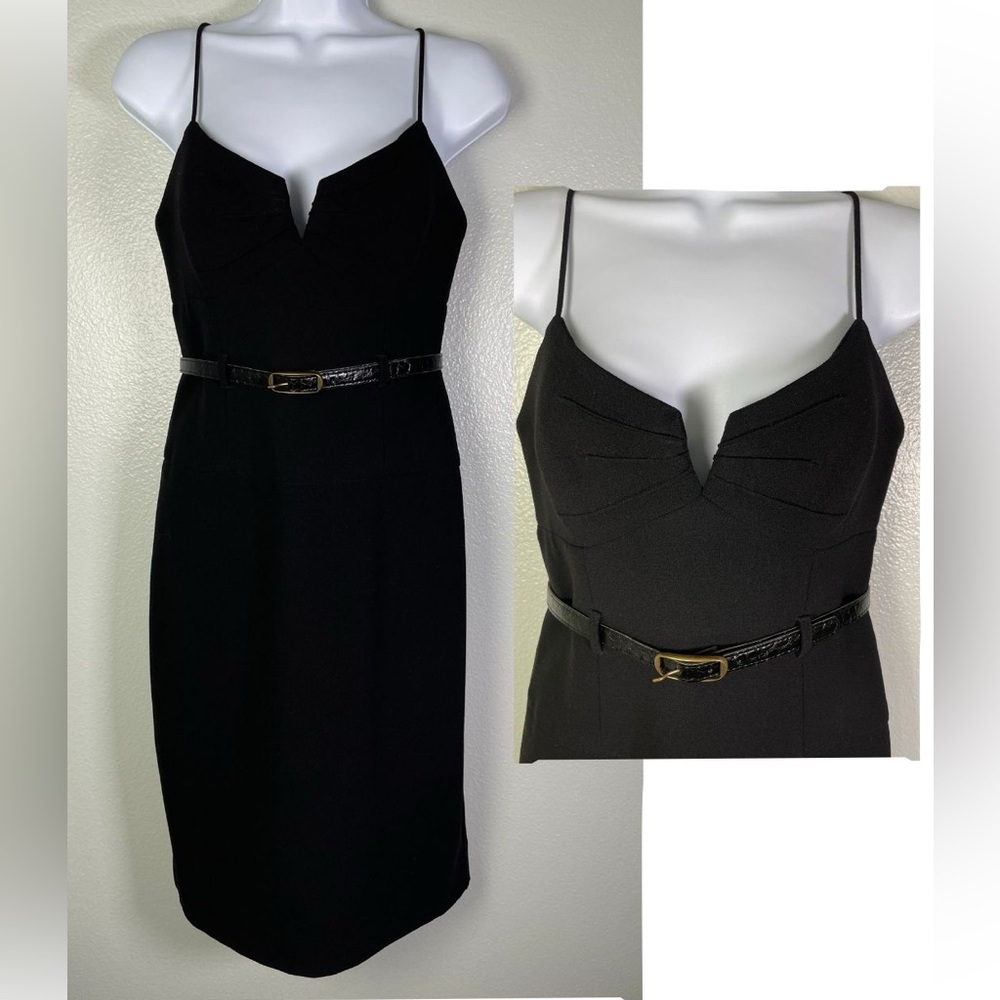 Black Halo Black Sheath Dress Belted Spaghetti Strap Pleated Bust Size 4
